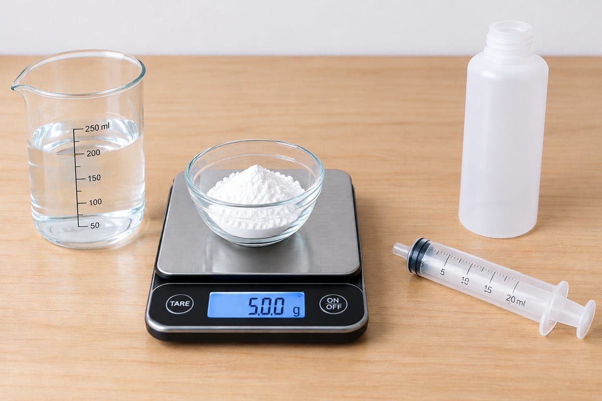 Digital scale with weighed fertilizer salt, a beaker of water, an empty stock-solution bottle and a dosing syringe