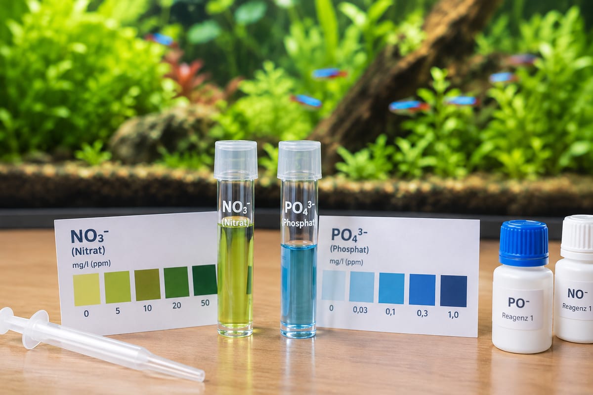 Nitrate and phosphate drop-test vials with color reference cards in front of a planted aquarium
